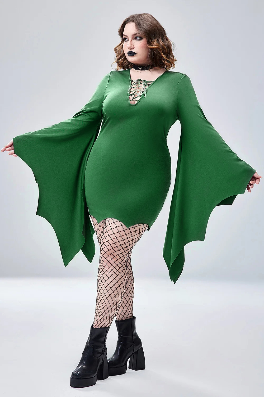Xpluswear Design Plus Size Halloween Costume Green Bats Lace Up Trumpet Sleeve Mini Dress [Pre-Order]