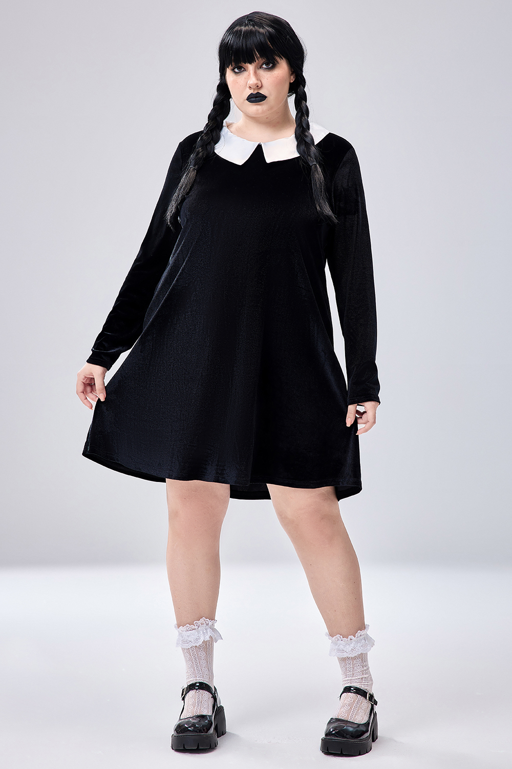 Xpluswear Design Plus Size Halloween Costume Black Velvet Doll Collar Long Sleeve Mini Dress With Pocket [Pre-Order]