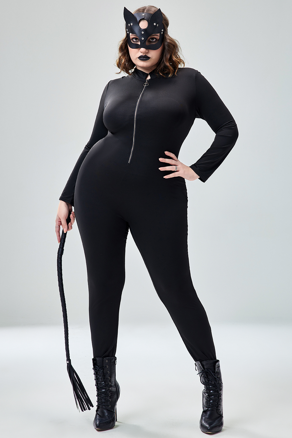 Xpluswear Design Plus Size Halloween Costume Gothic Black Zipper Long Sleeve Knitted Jumpsuit
