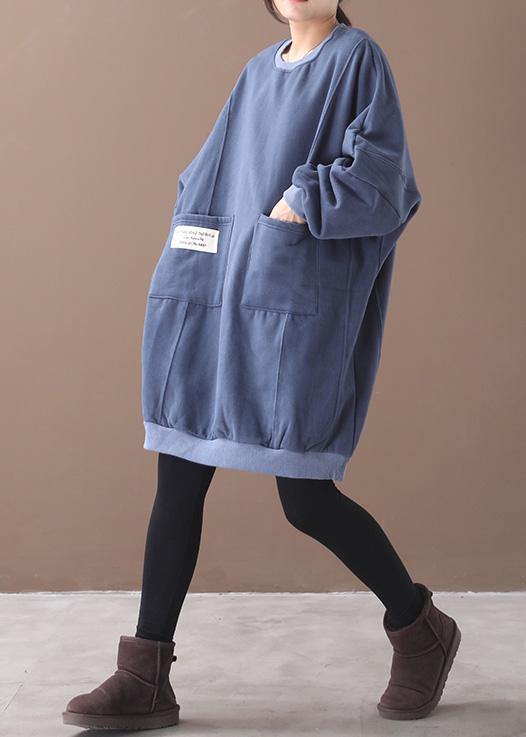 French two pockets Cotton o neck tunics for women Sewing blue Dress