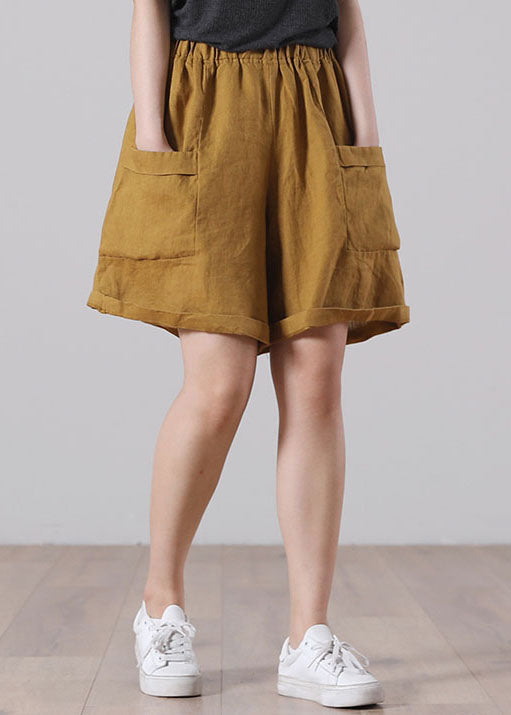 Vintage Solid Yellow Elastic Waist Wrinkled Linen Beach Shorts Summer