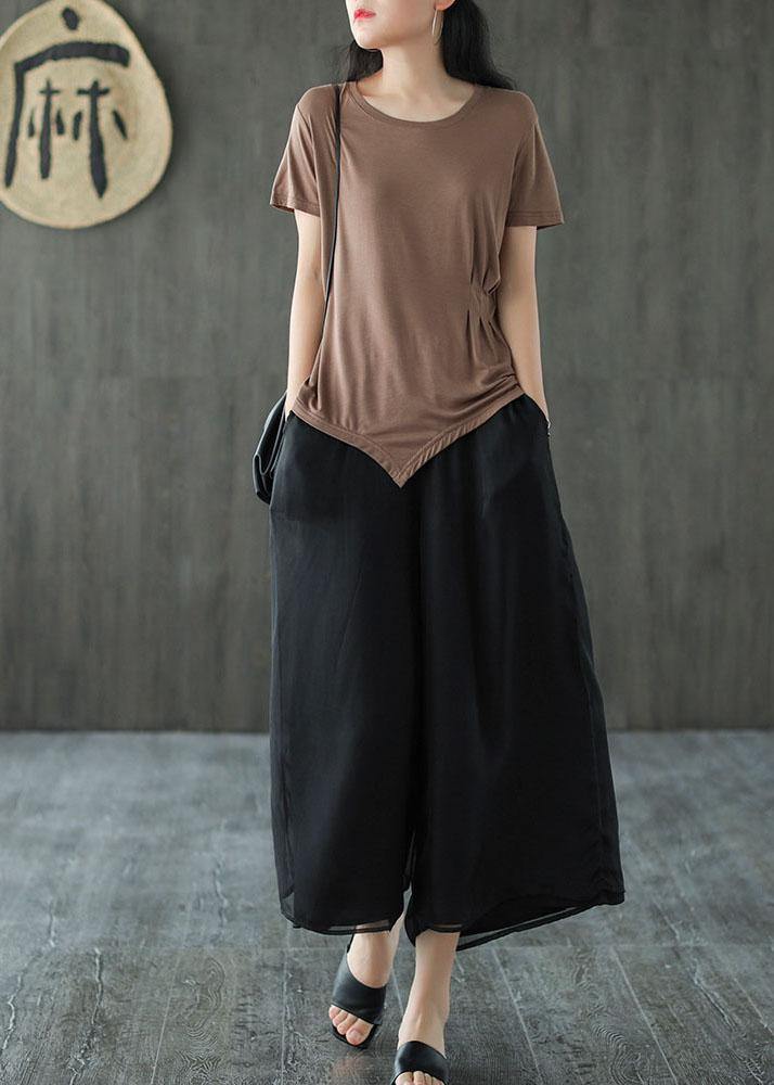 Handmade Black Elastic Waist Retro Wide Leg Crop Pants