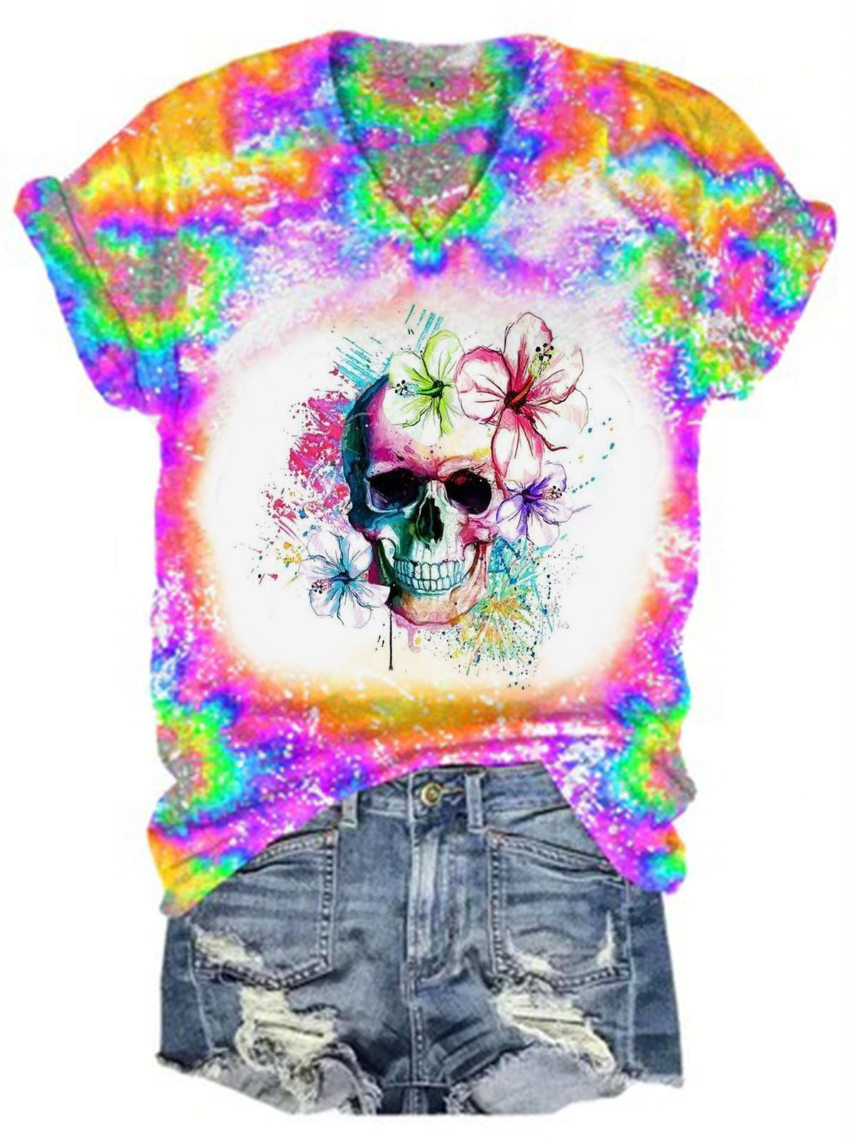 Skull Floral Tie Dye V Neck T-Shirt
