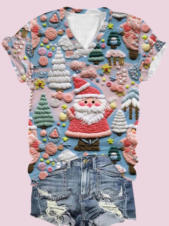 Women's  Santa Claus Print V-Neck T-Shirt