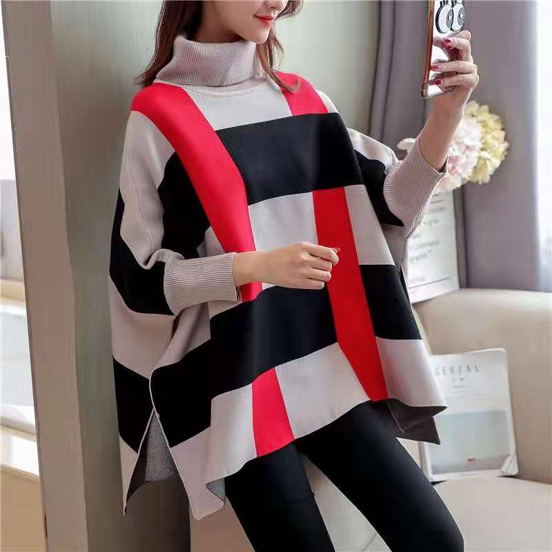 Women Striped Knit Blouse O Neck Batwing Sleeve Loose-fitting Knitted Blouse