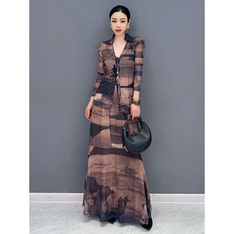 Stylish Chic Lightweight V-Neck Top & Long Skirt Set