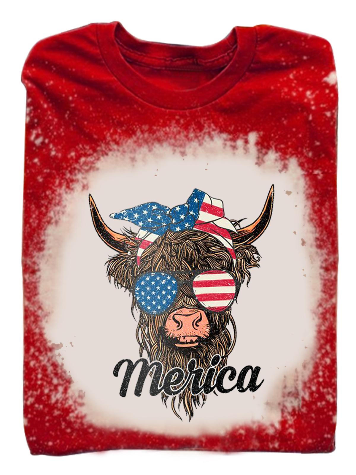 Women's Crewneck Tie Dye Highland Cow American Flag Print Top