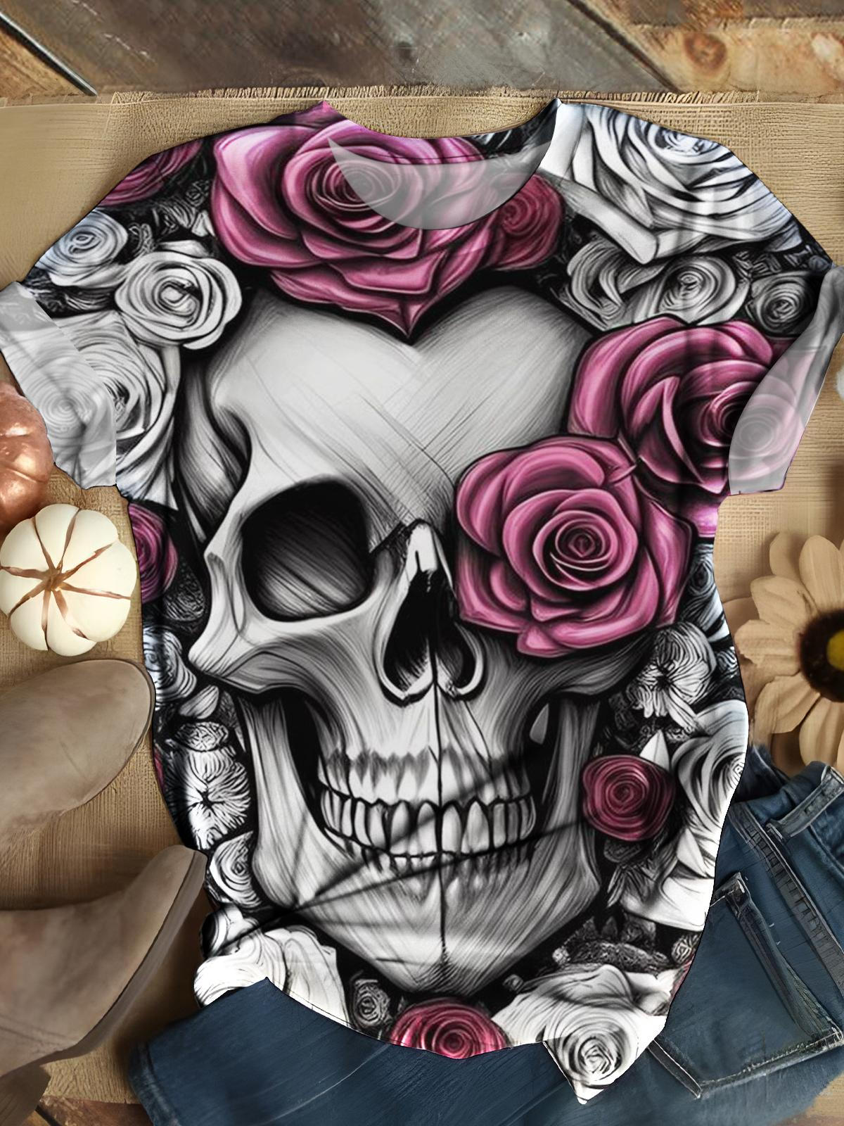Darkness Skull Flower Crew Neck T-shirt