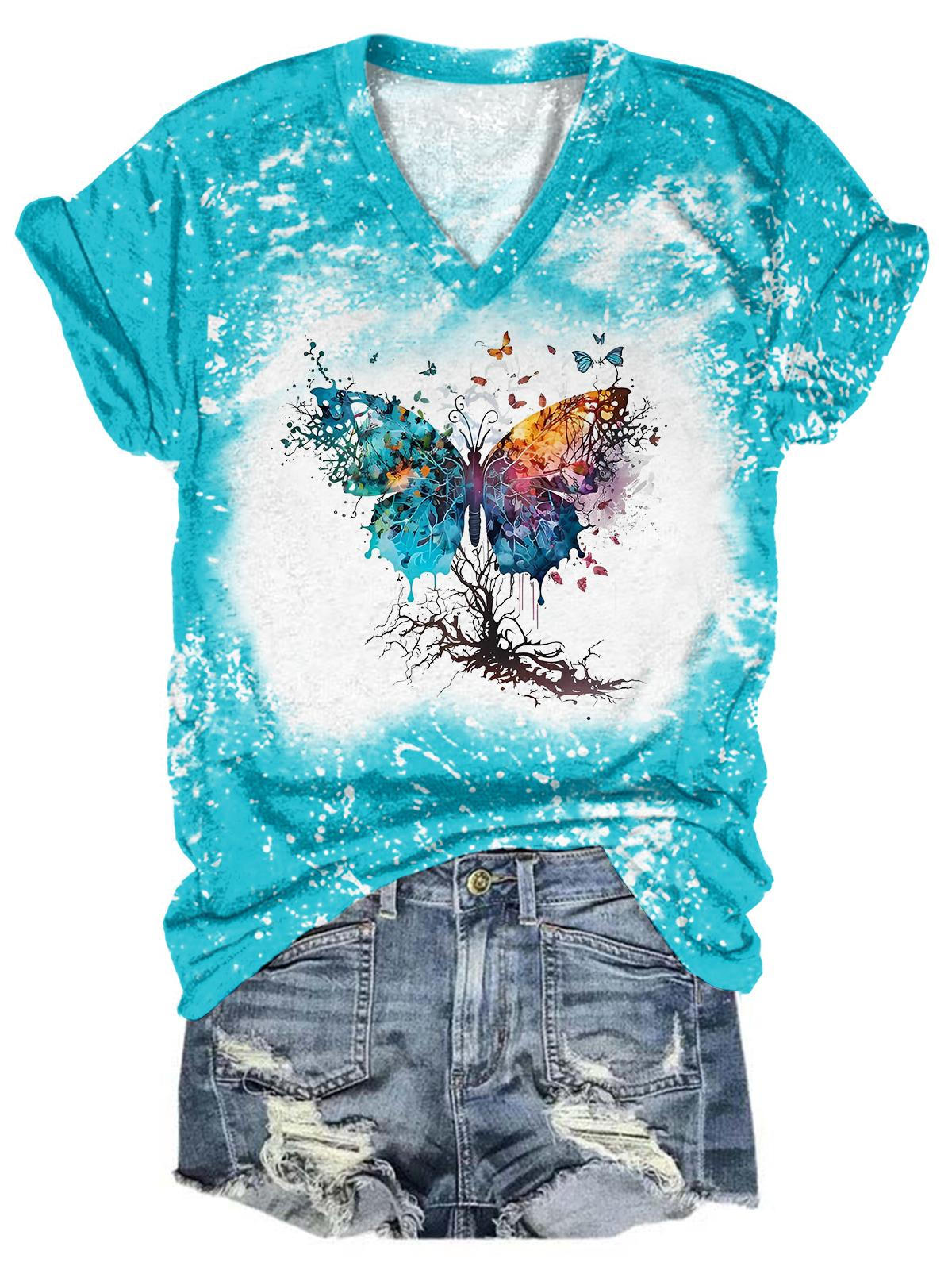 Butterfly Tree Print Tie Dye V Neck T-shirt