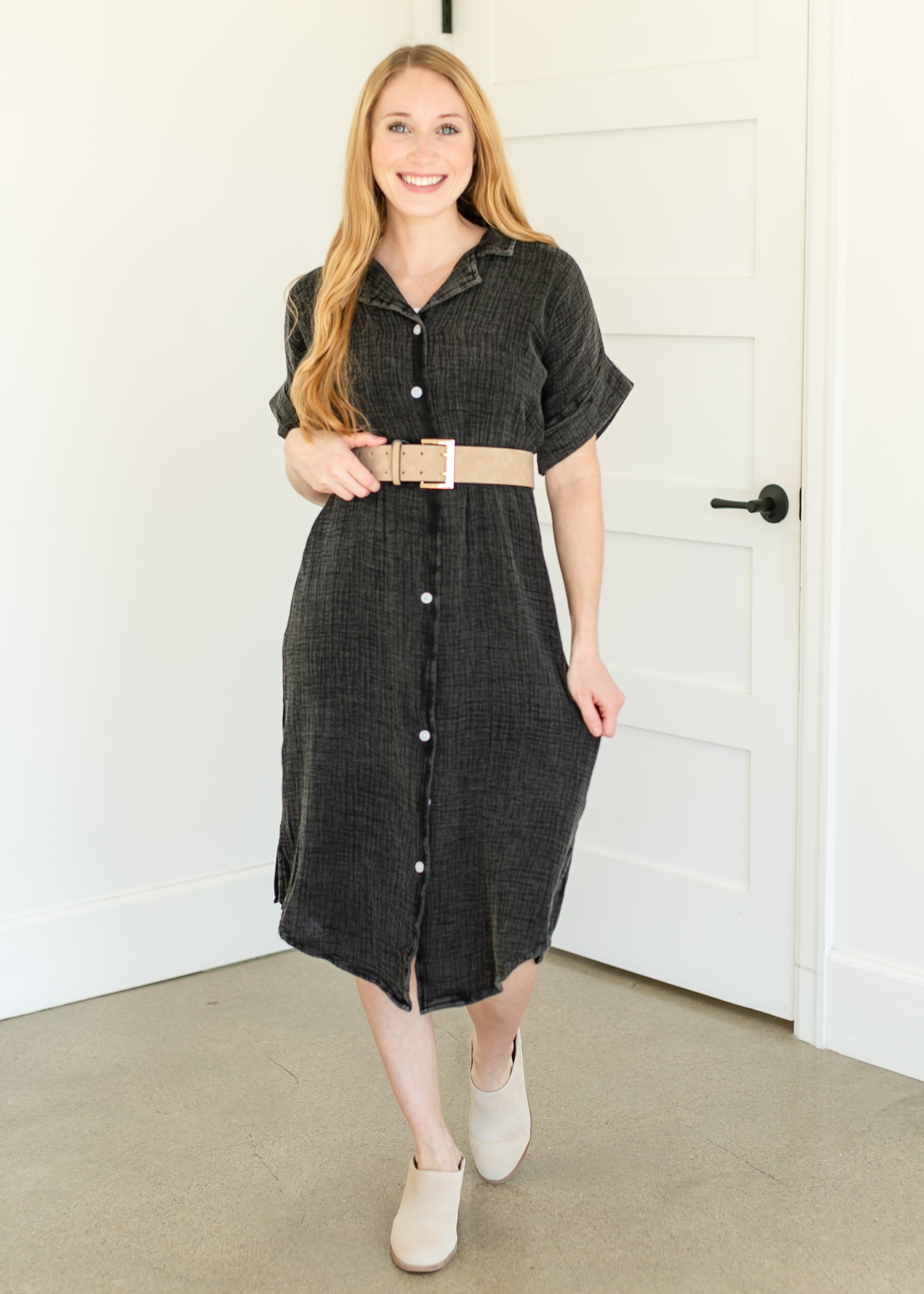 Washed Button Down Midi Dress